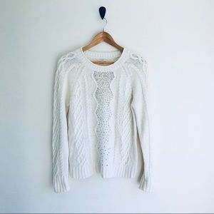 Woman’s J Crew White Beaded Pull-Over Sweater Size Medium